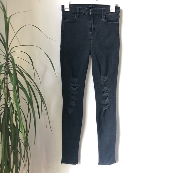 J Brand Women’s High Waisted Skinny Black Jeans Distressed Mob Wife Size 27 - Picture 3 of 8